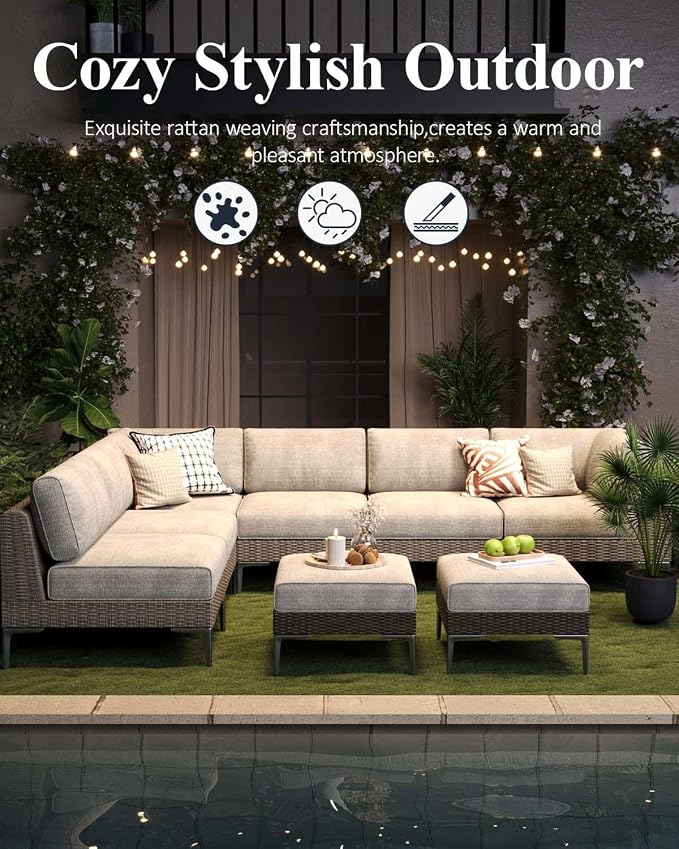 LayinSun 6-Piece Wicker Rattan Patio Furniture Set, Deep Seating Outdoor Modular Sectional Sofa Conversation Set with Thick Cushions for Lawn, Garden