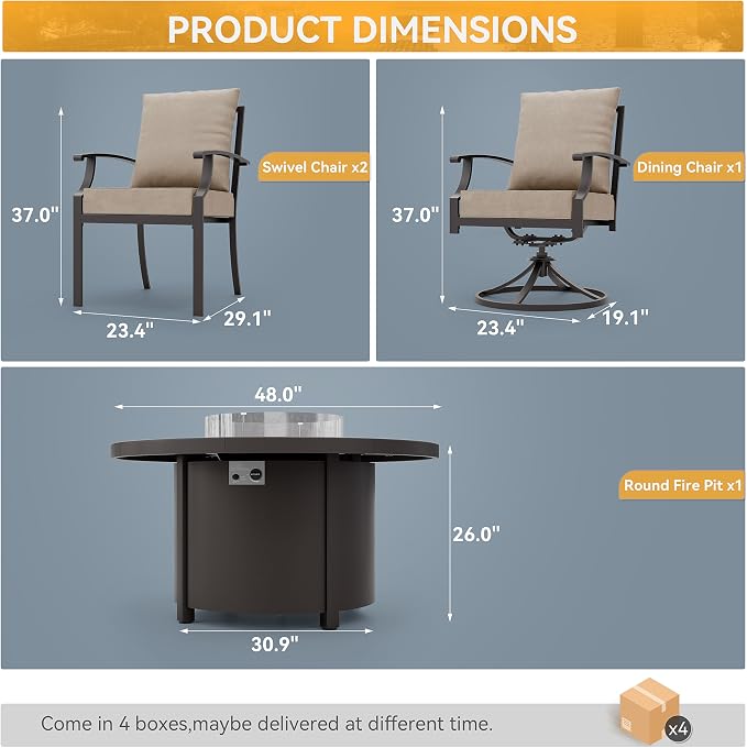 ALAULM 5-Piece Outdoor Dining Set for 4 Metal Outdoor Patio Furniture with 2 Swivel Chairs & 40000 BTU Round Fire Pit Table for Patio, Backyard, Garden-Sand