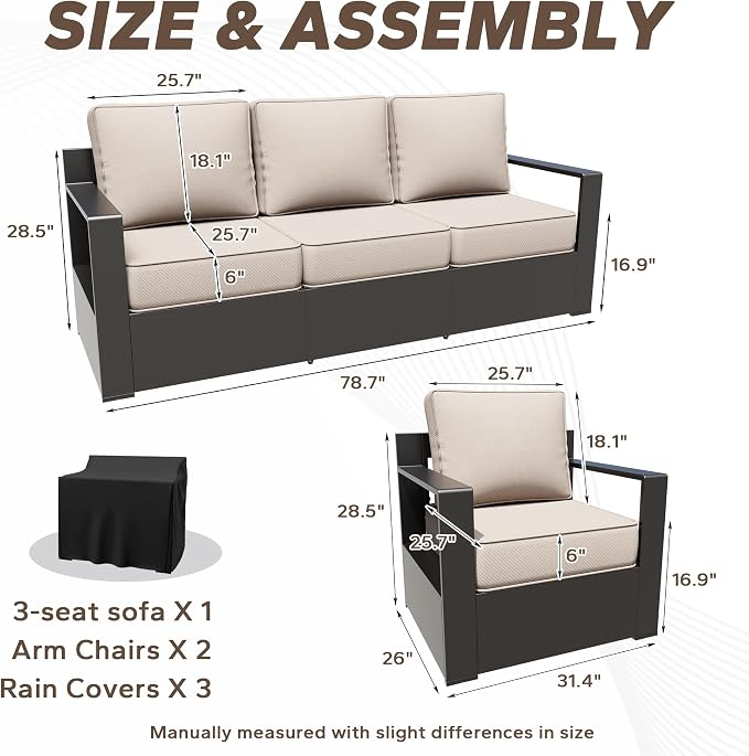 Aluminum Patio 79" Sofa Set with 2 Armchairs, All Weather Outdoor Conversation Furniture Set with Metal Armrest & 6" Water-Resistant Cushions & Furniture Covers for Deck Porch (Beige)