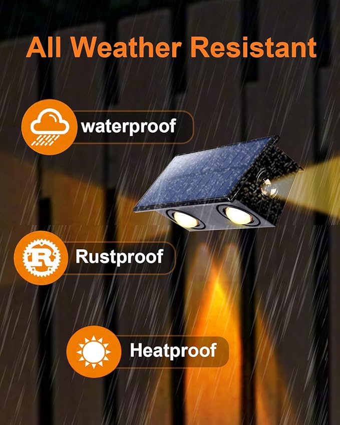 4 Pack 3-Side Solar Fence Lights Outdoor Waterproof with Warm White LED Spot Lens, for Wall, Deck, Patio, Yard, Rail, Garage, Pool, Designed for Enhanced Security, Easy Install