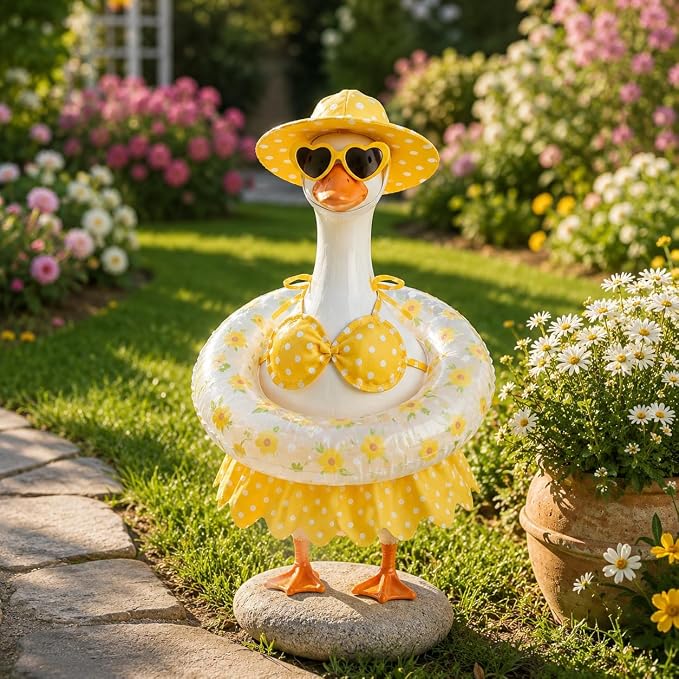 23 Inch Porch Goose Summer Hawaiian Bikini Outfit, Lawn Goose Costume with Swim Ring, Sunglasses Sun Hat, Fits Cement & Plastic Goose Statue, Front Yard Patio Lawn Decor