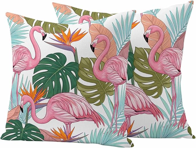 Pink Flamingos Outdoor Pillow Covers 24"x24" Set of 2, Watercolor Monstera Leaf Green Tropical Plant Waterproof Throw Pillow Covers for Patio Furniture, Decorative Cushion Covers for Porch