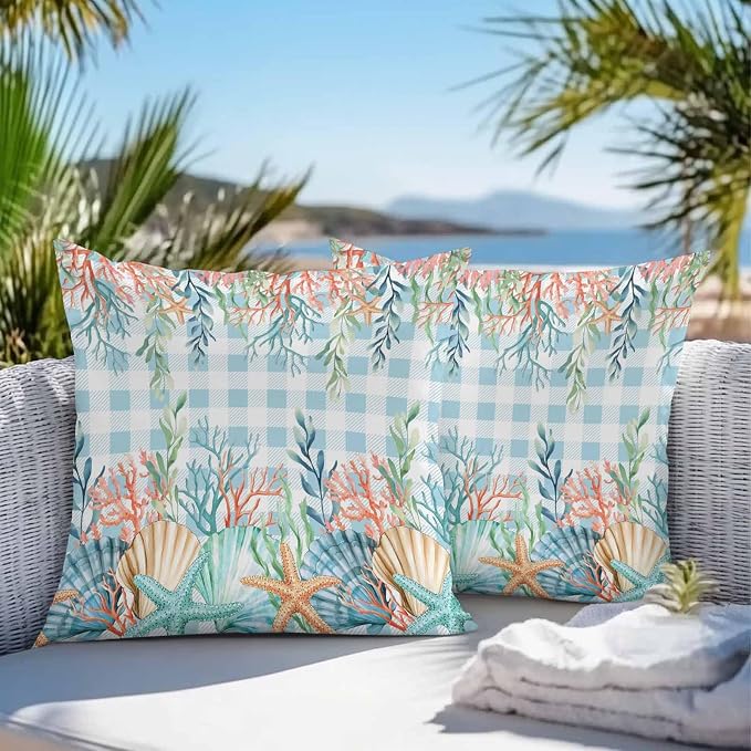 Throw Pillow Covers 16x16 Inch Set of 2, Nautical Coastal Waterproof Outdoor Pillow Covers, Summer Beach Shell Coral Seaweed Blue Plaid Decorative Cushion Pillowcases for Couch, Sofa, Bed, Patio