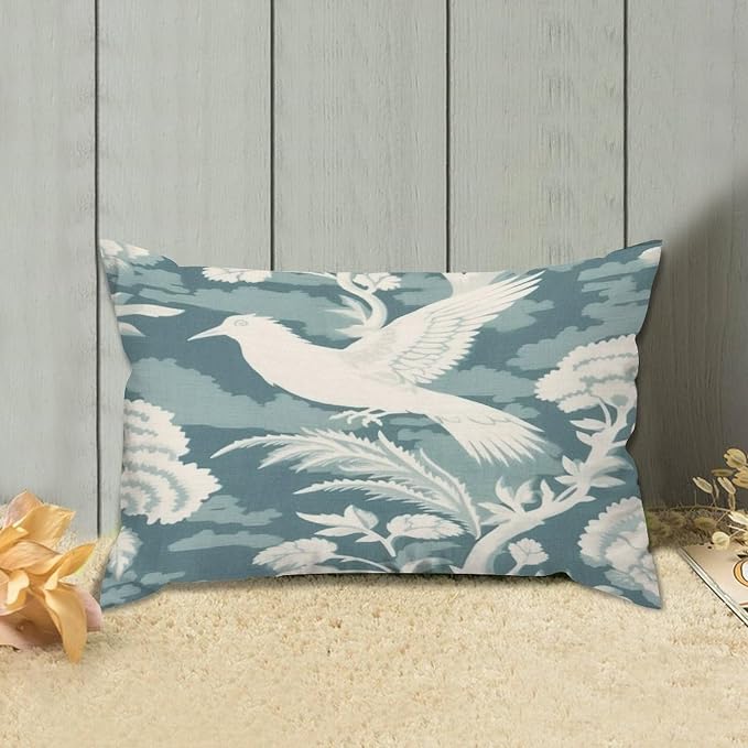 Zipped Pillow Cases for Home Decor Blue Turquoise and White Birds Plant Throw Pillow Cover Set of 2 Farmhouse Cushion Cover Cases for Living Room Club Home Decor 12x18in