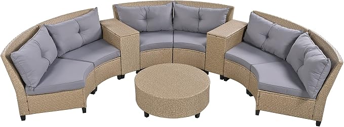 9-Piece Wicker Half Moon Sectional Sofa Set, Patio Conversation Seat Group with Cushions and Coffee Table, Semi-Circle Six-Seater Sofa Constructed, Beige-brown