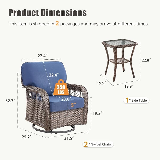 3 Pieces Patio Furniture Set with Swivel Chairs, All Weather Patio Wicker Chairs Swivel Rocker Rattan Side Table, High Back Outdoor Seating Furniture for Deck Porch Garden Yard, Blue
