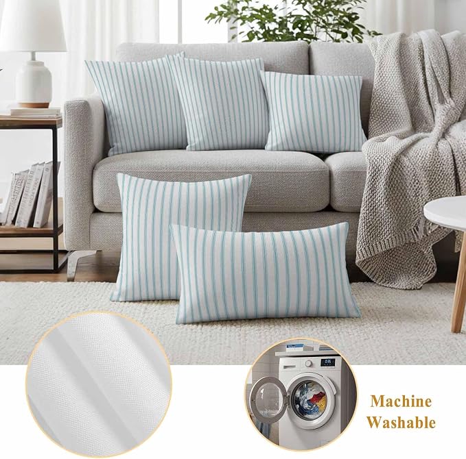 Outdoor Pillow Covers 18x18 Set of 2 Teal Stripes Outdoor Pillows Waterproof Throw Pillow Covers Simple Style Pillowcases Decorative Case for Patio Cushion