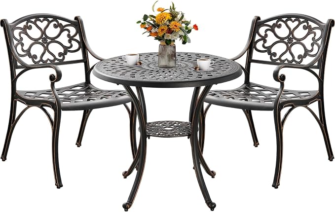 3 Piece Outdoor Dining Set,Cast Aluminum Bistro Set with Umbrella Hole, All Weather Patio Furniture Set, Small Patio Dining Set for Garden/Balcony/Deck Bronze (Flower Backrest)