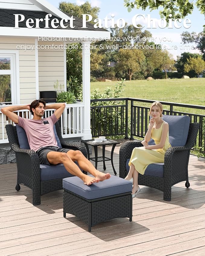 LayinSun 3 Piece Wicker Outdoor Furniture Set with 6-inch Comfy Cushions, High Back Patio Furniture Set with Rattan Armchairs and Side Table
