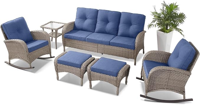 Belord 6 Pieces Patio Rocking Chairs Outdoor Furniture Set with Outdoor Couch and Ottoman Conversation Patio Furniture Set Perfect for Deck Sunroom Backyard
