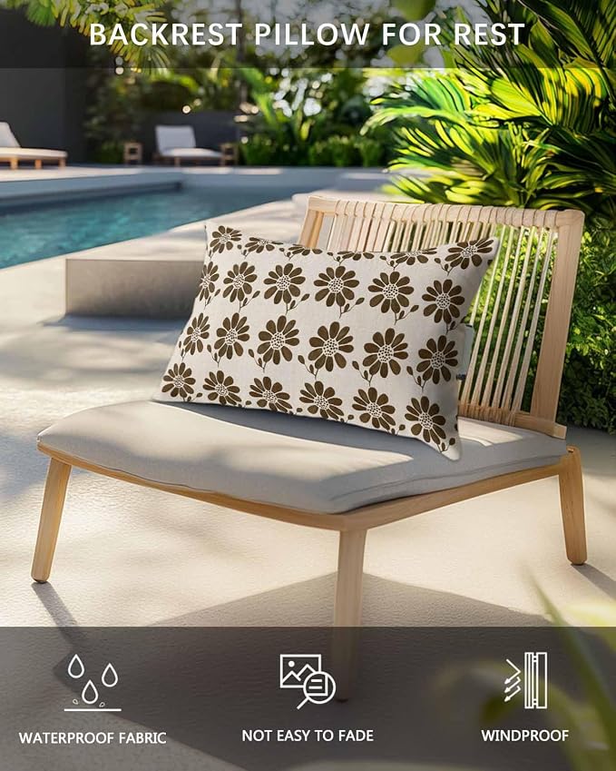 Pack of 2 Outdoor Lumbar Cushions with Inserts, Brown Flower Abstract Ethnic Linen Pattern Waterproof Fluffy Fade Body Pillows, Patio Furniture Pillow for Home Balcony Garden Decor 11x16IN