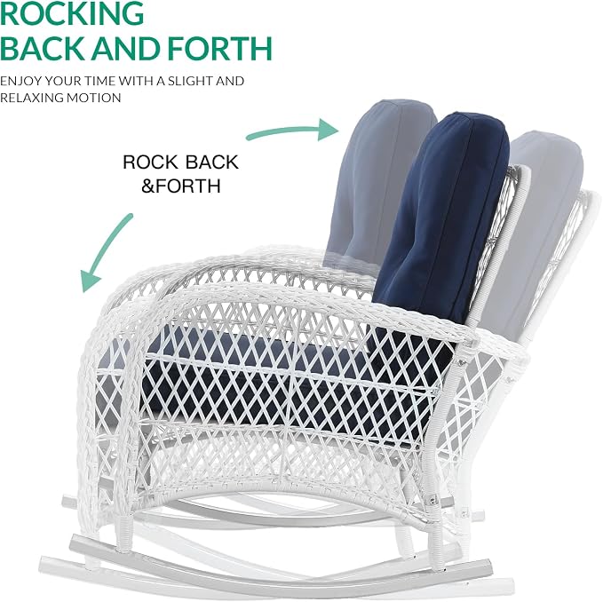 VIVIJASON 4-Piece Outdoor Patio White Wicker Conversation Sets, All Weather Outdoor Rattan Furniture Set Includes Glider Loveseat, Coffee Table, 2 Rocking Chairs with Cushions for Backyard, Navy Blue