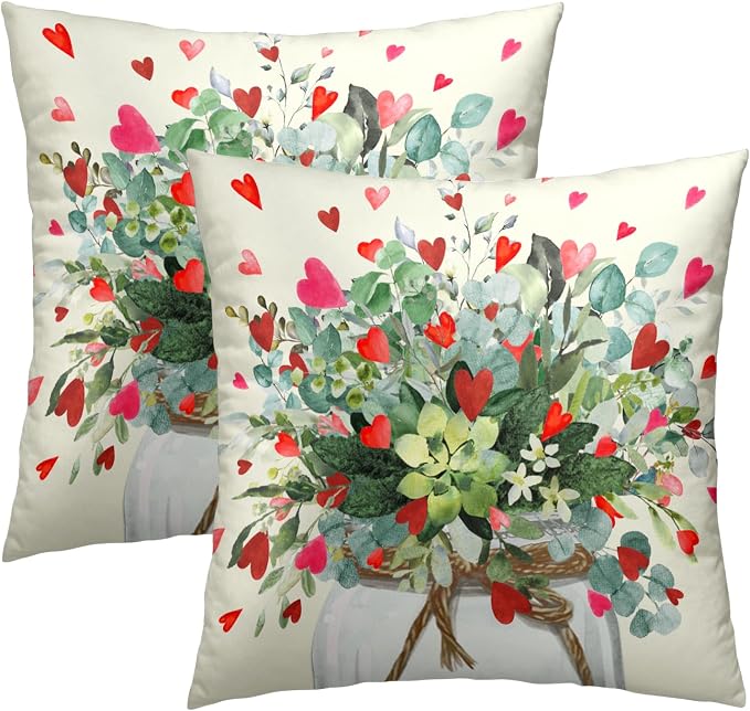 Valentine's Day Throw Pillow Covers 22x22 Inch Set of 2, Red Love Hearts Eucalyptus Leaves Jar Decorative Pillowcases Square Couch Cushion Cover for Wedding Anniversary Decor