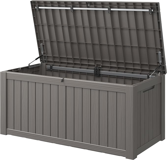 KAMABOKO Outdoor Storage Box, 150 Gallon Large Outdoor Resin Deck Box, Storage Waterproof Boxes Lockable Lid for Garden Tools, Pool Supplies, Patio Furniture and Cushions, Grey
