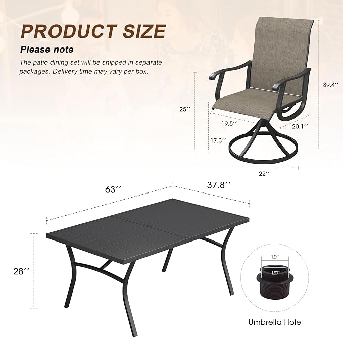 VICLLAX 7 Pieces Patio Outdoor Dining Set, 63" Outdoor Rectangular Metal Table with Umbrella Hole and 6 Stackable Textilene Chairs for Patio, Lawn, Garden, Porch, Black/Brown