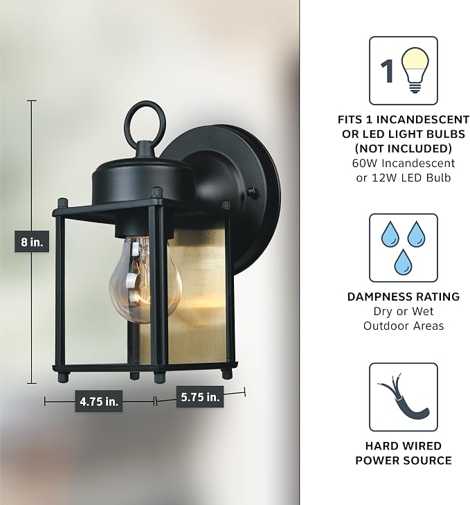 DESIGNERS FOUNTAIN Preston Outdoor Light Fixture, 8 Inch Exterior Wall Lantern Sconce for Front Door, Patio and Porch, Black, 1161-BK