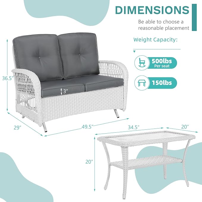 MEETWARM Outdoor Wicker Patio Glider Set, Loveseat for 2 Person Porch Furniture Glider with Glass-Top Coffee Table, Patio Glider Rocking Bench with Thickened Cushions, White Wicker/Grey