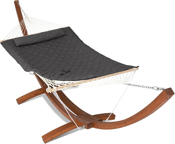 ANOW 13.5FT Curved Wood Stand with Portable Rope Hammock, Heavy Duty Larch Wood Arc Stand with 2 Chains, 4 Balance Ropes and 4 Carabiners, Includes Gray Hammock with Spreader Bars