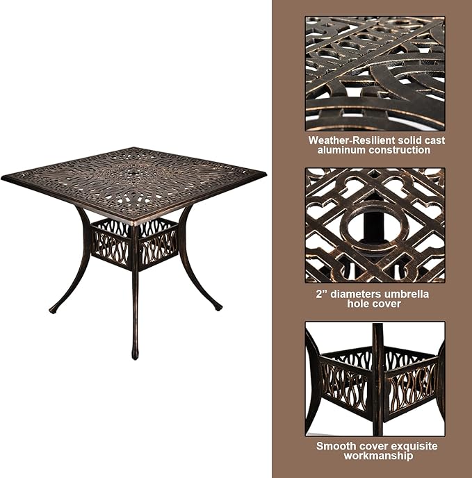 TITIMO 5-Piece Outdoor Patio Dining Set, Cast Aluminum Patio Furniture Set, 4 Chairs with Khaki Cushions and 35.4" Square Table, Cast Aluminum Conversation Set for Yard, Garden, Porch, Poolside