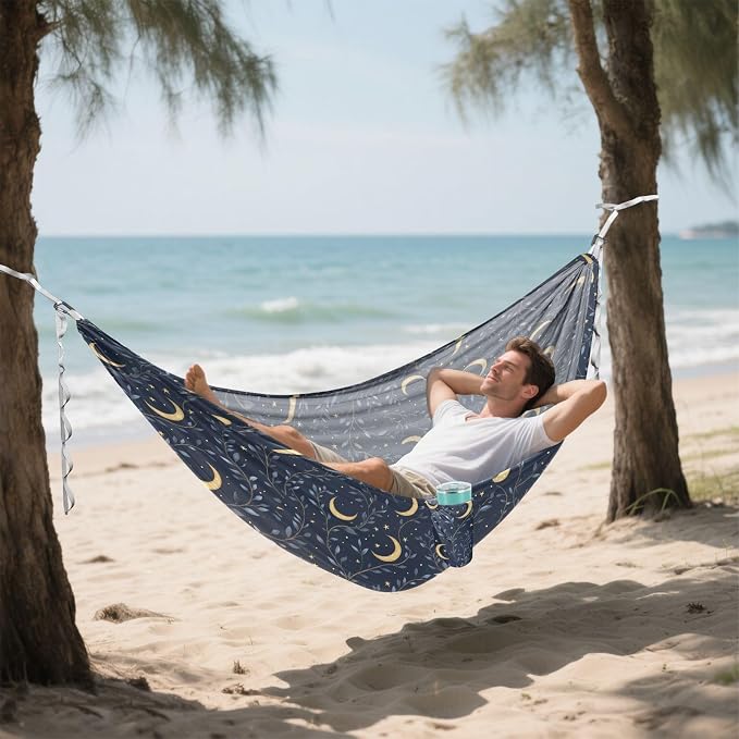 Camping Hammock Outdoor Hammocks for Outside Dark Navy Crescent Moon Beach Trees Portable Lightweight with Pockets Tree Straps Indoor