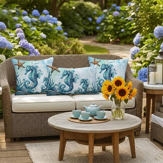 Ocean Seahorses Outdoor Pillow Covers 16x16 Inch Throw Pillow Covers Set of 2 Waterproof Decorative Pillow Cases Coastal Animals Seaweed Strafish Compass Blue Cushion Covers for Patio Furniture Garden