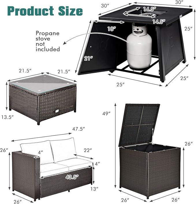 Tangkula 5 Piece Patio Furniture Set with 50,000 BTU Propane Fire Pit Table, Outdoor Wicker Conversation Set w/Cushions, Storage Box and Tempered Glass Coffee Table, 30" Gas Fire Pit Table (Black)