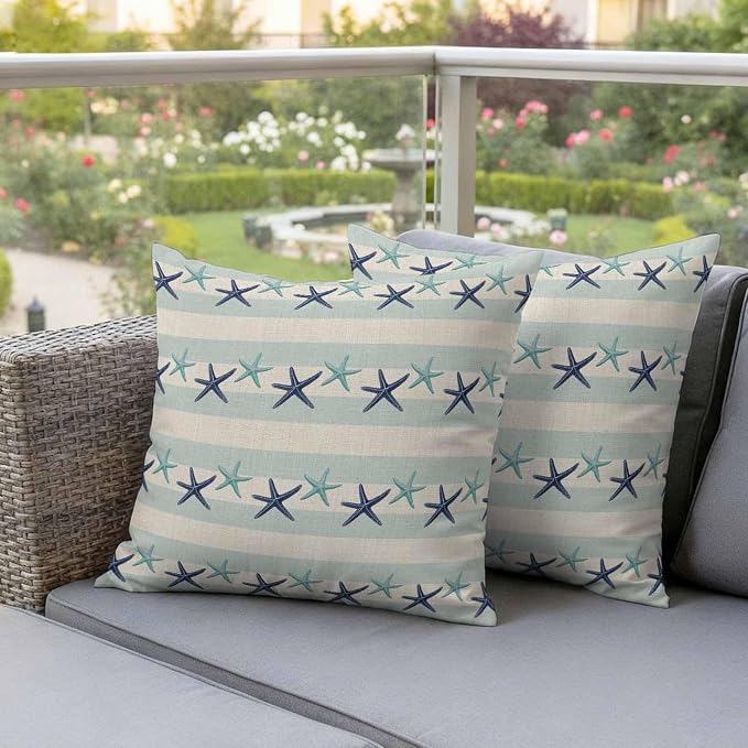 Summer Ocean Starfish Outdoor Pillow Covers Set of 2 Nautical Farmhouse Blue Teal Starfish Rustic Stripe Waterproof Throw Pillow Cover Decorative Cushion Cases for Patio Porch Garden 18X18 Inch