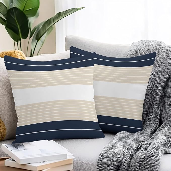 Navy Blue Beige Stripe Outdoor Pillow Covers Waterproof, All Weather Cushion Case Set of 2, Modern Art Horizontal Striped Decorative Pillowcases for Sofa Couch Bed Decor Patio Furniture 18"x18"