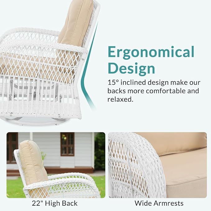 MEETWARM 3 Pieces Outdoor Wicker Swivel Rocker Patio Set, Rocking Chairs Rattan Patio Furniture Sets with Thickened Cushion and Glass-Top Coffee Table, Conversation Bistro Set, White/Beige