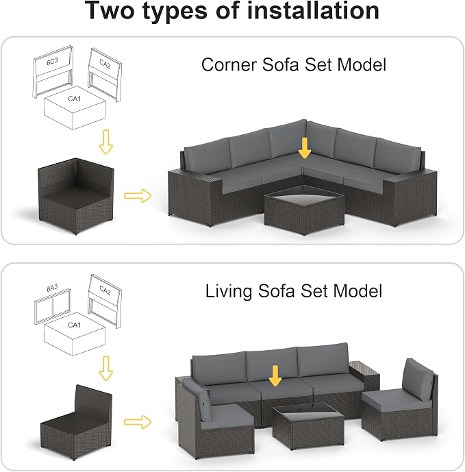 Patio Furniture Set, 6PCS Outdoor Sectional with Ottoman Wicker Rattan Patio Couch with Thickened Cushion Modular Wicker Patio Conversation Set with Glass Top Table for Balcony, Backyard(Grey)
