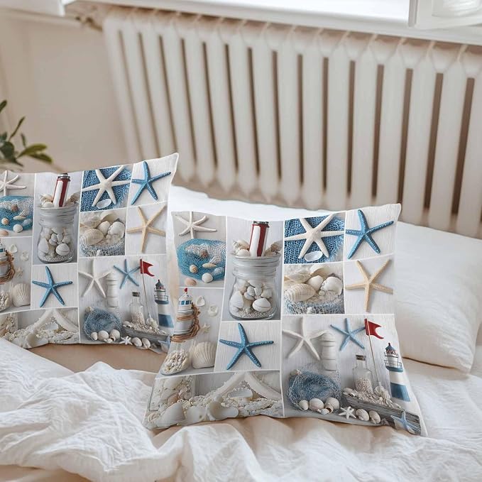 Summer Coastal Grid Outdoor Pillow Covers Set of 2, Ocean Starfish Lighthouse Pearl Decorative Waterproof Throw Pillowcase Nautical Cotton Linen Soft Cozy Cushion Cover Pillowsham 20x20In