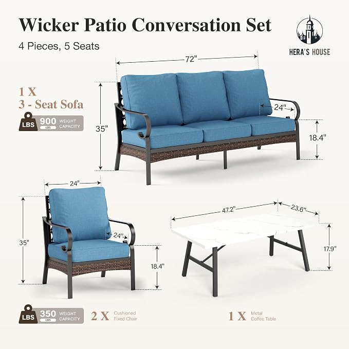 HERA'S HOUSE 4 Piece Metal Patio Furniture Set, All Weather Outdoor Conversation Set with 3 Seat Sofa, 2 x Cushioned Fixed Chair & Coffee Table, Seats 5 for Backyard, Garden, Deck, Navy Blue