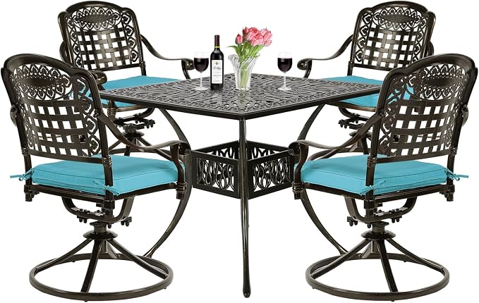 VIVIJASON 5-Piece Outdoor Patio Dining Set, All-Weather Cast Aluminum Conversation Set, Patio Furniture Set Include 4 Swivel Cushioned Chairs, 1 Square Table w/Umbrella Hole, Ocean Blue Cushion