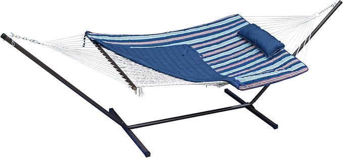 12 Foot Steel Hammock Stand with Cotton Rope Hammock Combo, Quilted Polyester Hammock Pad and Pillow Kingston Stripe
