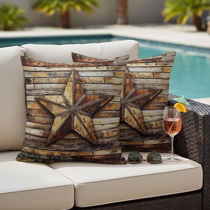Retro Star Outdoor Waterproof Throw Pillow Covers Set of 2, 18"x18", Abstract Metal Stars Old Weathered Wood Grain Decorative Pillow Covers Outside Cushion Case for Patio Porch Garden