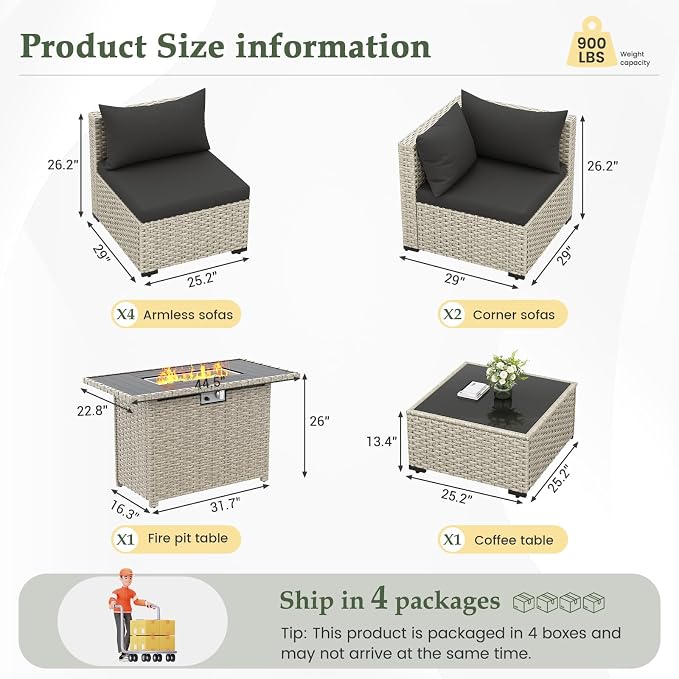 UDPATIO Patio Furniture Set with Fire Pit Table, 8 Pcs Outdoor Sectional Sofa, PE Wicker Patio Conversation Set for Garden, Backyard (Black Cushions with Light Grey Rattan)
