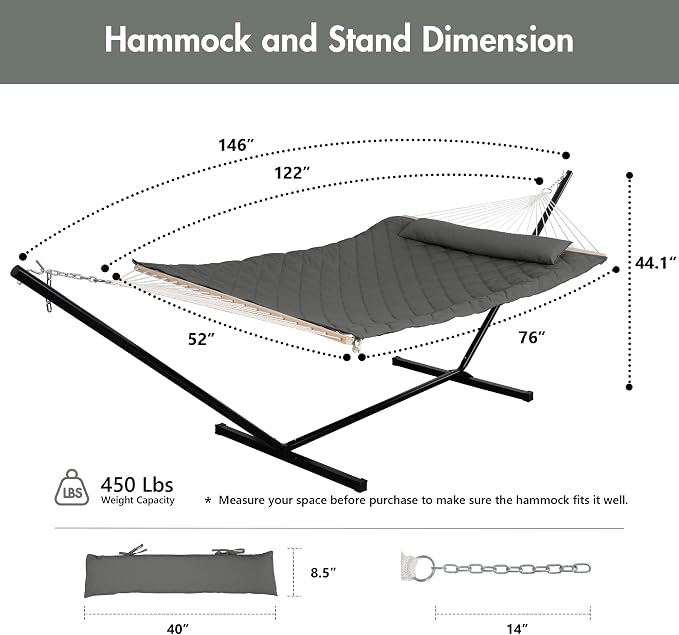 ANOW Outdoor Hammock with Stand 12FT, Heavy Duty Hammock with Steel Stand, Included Detachable Pillow and Pad, 450 LBS Weight Capacity, Gray