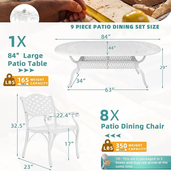 MEETWARM 9-Piece Outdoor Patio Dining Set, 8 Outdoor Dining Chairs and 1 Oval Table with 2" Umbrella Hole, All Weather Cast Aluminum Patio Funiture Set for Backyard, Garden, Patio,White