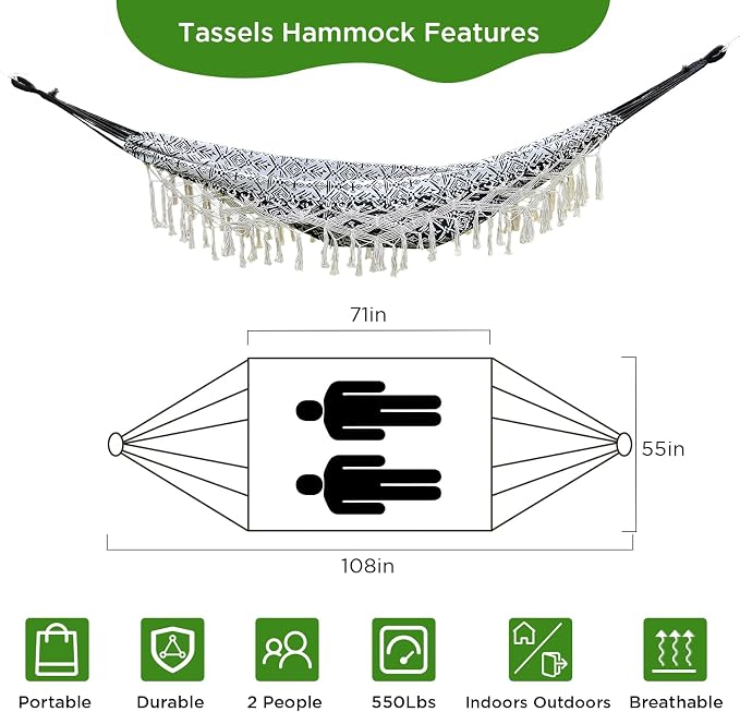 Black with Wirte Bohemian Striped Fringe Double Hammock - Soft Cotton Fabric Outdoor Indoor Hanging Bed with Durable Ropes, Space-Saving Design for Garden, Patio, Backyard, Porch, Beach Camping