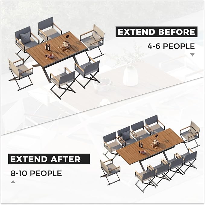 Grand patio 7-Piece Outdoor Dining Set, 6 Extra-Wide Folding Chairs & 1 Rectangle Expandable Table for 6-8 Person, Sling Mesh Patio Chairs with Wood Grain Table for Yard, Poolside, Deck, Gray