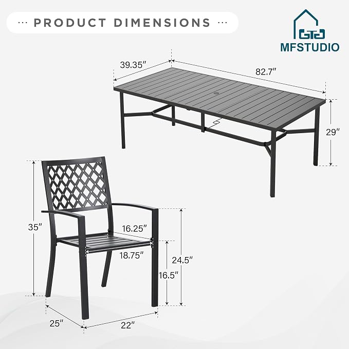 MFSTUDIO Patio Dining Set for 8, Outdoor Dining Set with Umbrella Hole, Metal Patio Table and Chairs Set, 9 Piece Outdoor Patio Furniture Set for Deck Backyard Poolside Garden