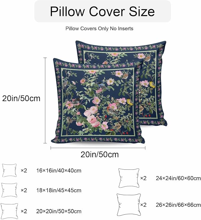 Vandarllin Outdoor Throw Pillows Covers 20x20 inch Set of 2 Waterproof Pink Floral Bird Decorative Zippered Cushion Covers for Patio Furniture, Green Leaves Branches Navy Blue Lumbar Pillowcases