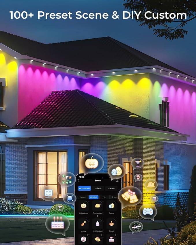 CINOTON Permanent Outdoor Lights 200ft, Smart RGBW+IC Eaves Lights with 120LEDs, IP67 Waterproof, 111 Scene Modes for Daily and Festival, Halloween Christmas Holiday Decor, APP/Voice/Remote Control