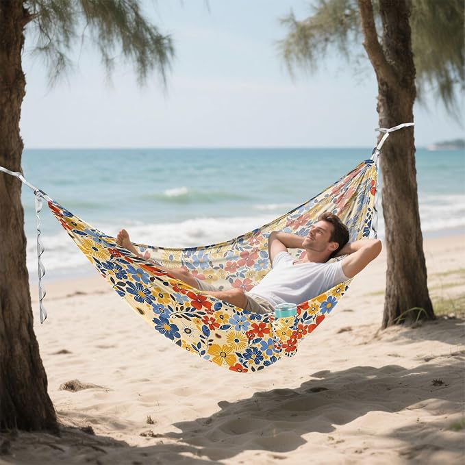 Camping Hammock Outdoor Hammocks for Outside Orange Red Flowers Beach Trees Portable Lightweight with Pockets Tree Straps Indoor