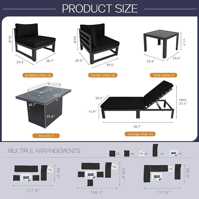 BULEXYARD 7 Seat Large Aluminum Patio Conversation Set with Lounge & Fire Pit Table, 29" Deep Wide Seat, High End Modular Sectional Seating, 500 lbs Heavy Duty Anti-Rust Outdoor Sofa for Pool, Black
