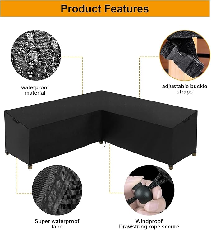 Patio Sectional Sofa Cover, Waterproof Outdoor Couch Cover, Lawn Patio Furniture ,Rip Stop,Anti UV,Oxford V Shaped Sectional ,Corner Sofa Protector Covers (Black, 100x100x31x33.5 in)