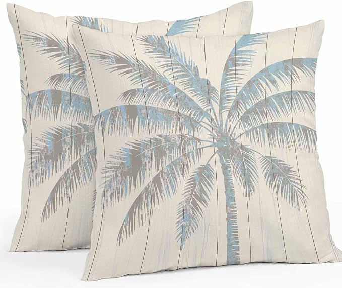 Pack of 2 Blue Beige Palm Tree Outdoor Pillow Covers Decorative, Summer Tropical Botanical Waterproof Pillow Protector, Vintage Throw Pillowcases Accent Cushion Cases for Patio Couch Sofa 18"x18"