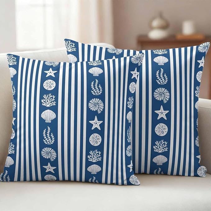 Striped Outdoor Waterproof Throw Pillow Covers Set of 2, 24"x24", Ocean Navy Blue Starfish Shell Jellyfish Coral Decorative Pillow Covers Outside Cushion Case for Patio Porch Garden