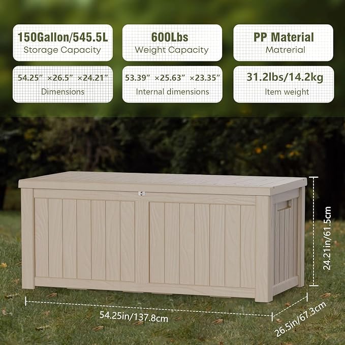 150 Gallon Deck Box Organizer, Doubles as 2-Person Bench Seat, Gray Large Resin Outdoor Storage and Seating with Lockable Lid for Garden, Pool, and Patio