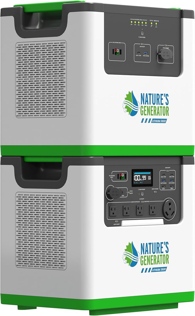 Nature's Generator Lithium 3600 Platinum PE,1 x Lithium 3600 + 1 x Pod + 4x 100w Panels + 6 Circuit Transfer Switch + 50' Cable
